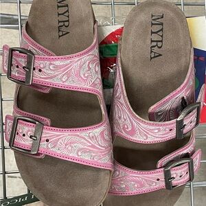 Myra Blossom Glimmer Hand Tooled Sandals